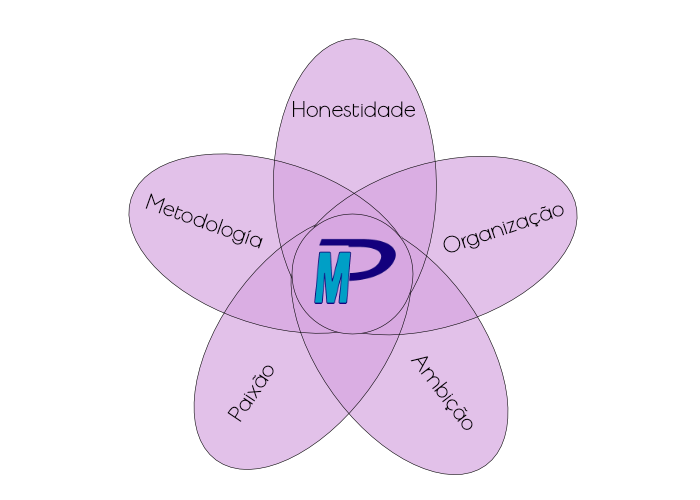 Diagrama de Venn que evidencia os valores e a cultura da Spedimar: fiabilidade, pontualidade, flexibilidade, sustentabilidade, centrados na satisfação do cliente.